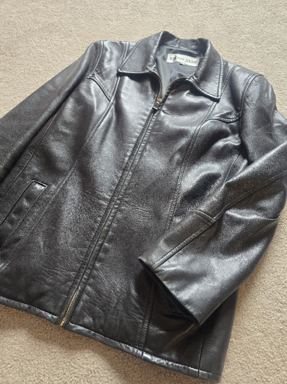 Vintage Viktor Sabo Genuine Leather Black Jacket Size 16 Large XL